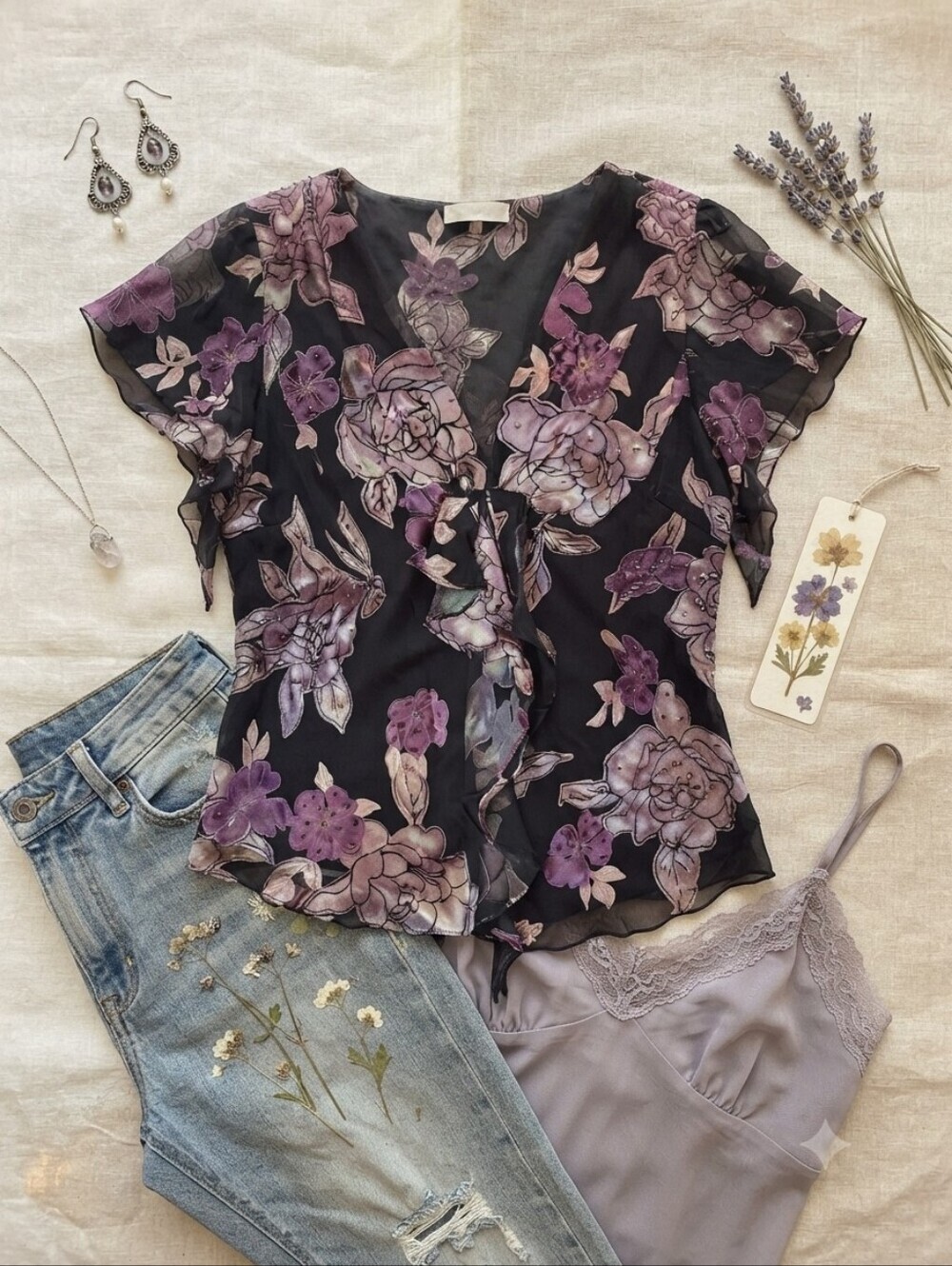 90s Y2K Alex Evenings Silk Beaded Black Purple Floral Fairy Blouse